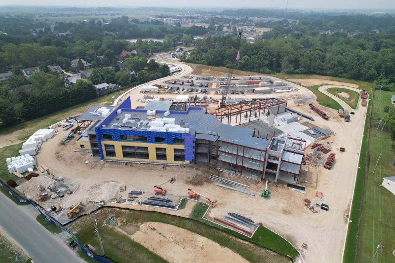 Pictured in this aerial view from Lewes Elementary and Sussex Drive, the new Frederick D. Thomas Middle School is beginning to take shape. Savannah Road is visible in the background. NICK ROTH PHOTOS